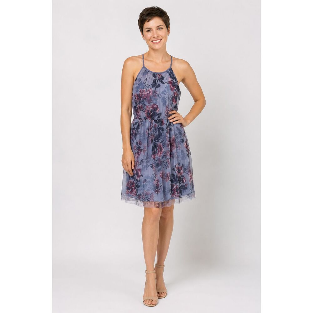 Candalite Women’s S Blue Floral Tulle Overlay Halter Dress Lined Knee Length #X